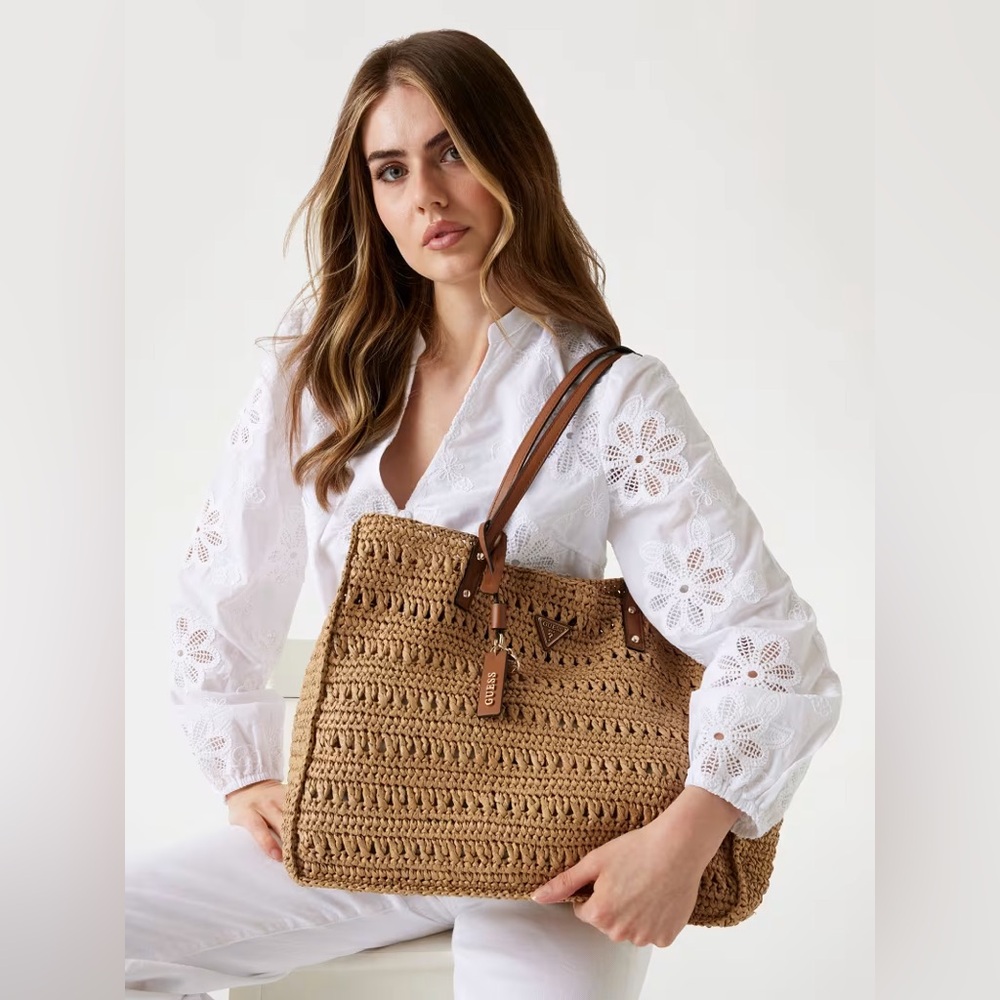 Guess Crochet Tote Bag in Natural Tan with Brown Leather Handles
